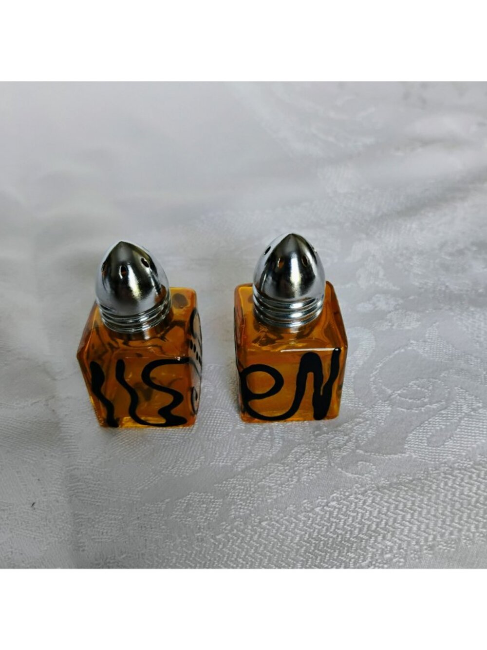 Vintage Topaz Glass Salt Pepper Shakers With Black Swirl Design & Silver Lids - Picture 6 of 8